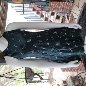 Satiny Emerald Green A-Line Summer Dress w/Flowers (Retro Size 9/10) 17" Chest